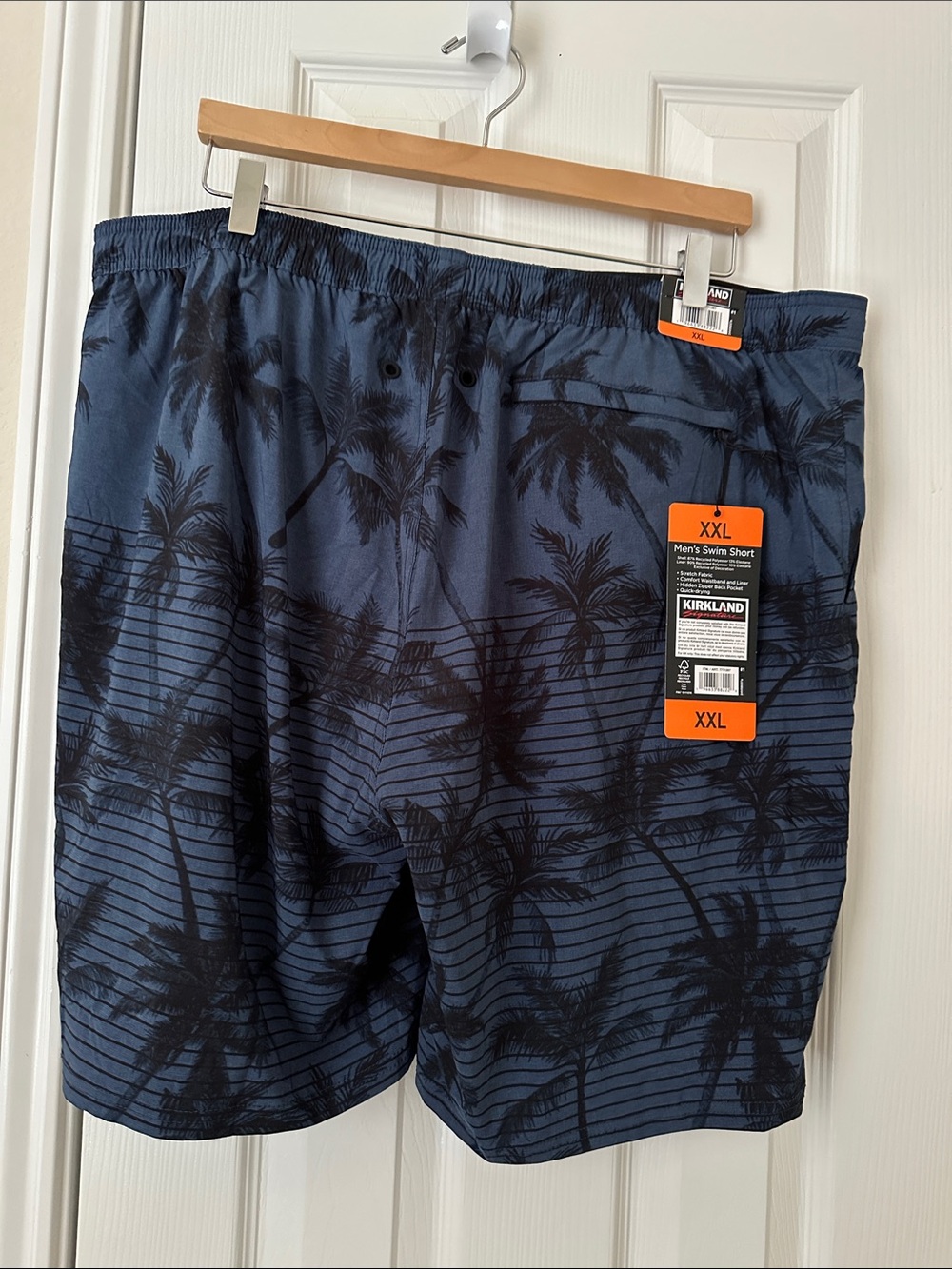 Kirkland Signature Men's Blue Swim Trunks with Black Palm Print